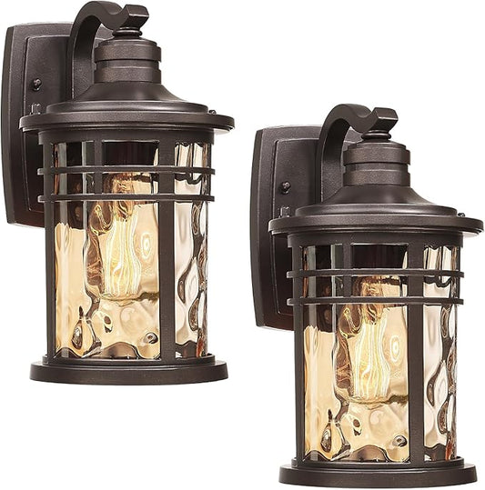Darkaway Outdoor Wall Light Fixture,Outside Porch Lights Wall Mounted Amber Ripple Glass 2pcs Modern Exterior Waterproof Wall Sconce Lighting for House Front Door Garage
