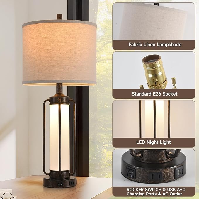 Farmhouse Lamps for Living Room Vintage Bedroom Nightstand Table LampRustic Bedside Lamp Lamps Set of 2 Rocker Switch & USB A+C Charging Ports & AC Outlet,Built-In Frosted Glass Night Light