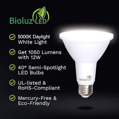 Bioluz LED 10 Pack PAR38 LED Light Bulb 90 CRI 12W = 100-120 Watt Replacement, Daylight 5000K, Dimmable Light Bulbs Flood Lights Outdoor/Indoor UL Listed Light Bulbs Title 20 High Efficacy LED Bulbs