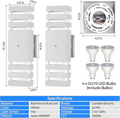 Dusk to Dawn Outdoor Wall Lights Modern Exterior Lighting Fixtures, 2 Pack White Outside Lights for House, Up and Down Porch Lights Outdoor Waterproof Sconces Wall Lighting for Garage Patio