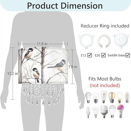Winter Bird Tree Lamp Shade with Acrylic Bead Droplets, Blue Jay Fabric Light Shade for Pendant Table & Floor Lamp, Nature Gift for Bird lover or Garden Women, 11.8in