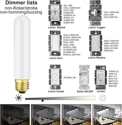Leools TE26 LED Light Bulb T10 6W 5.1inch E26 Base Matt Opal Porcelain Dimmable Tubular LED Light Bulb,E26 Edison Bulb 6W Equal 60 watt Light Bulb 4000K Neutral White, CRI90+,600LM,6 Packs