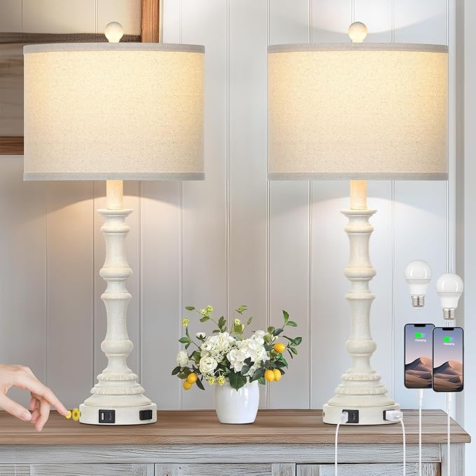 27.5" Tall Table Lamp for Living Room Set of 2, Vintage Farmhouse Table Lamps with USB C+A Ports, 3-Way Dimmable Touch Bedside Lamps, Tradition Bedroom Lamps for Nightstand Side End Table Desk, White