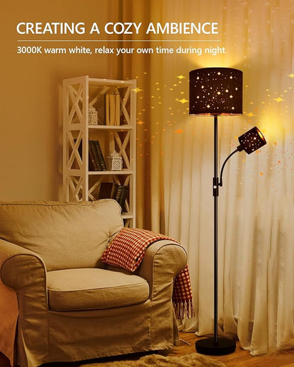 Floor Lamp Black, Reading Standing Lamps for Living Room, 62" Tall Torchiere Lamp for Kids Room, 3-Way Switch, Star-Gold Lampshade, Modern Goth Decor for Bedroom/Office, Bulbs Not Included(E26 Base)