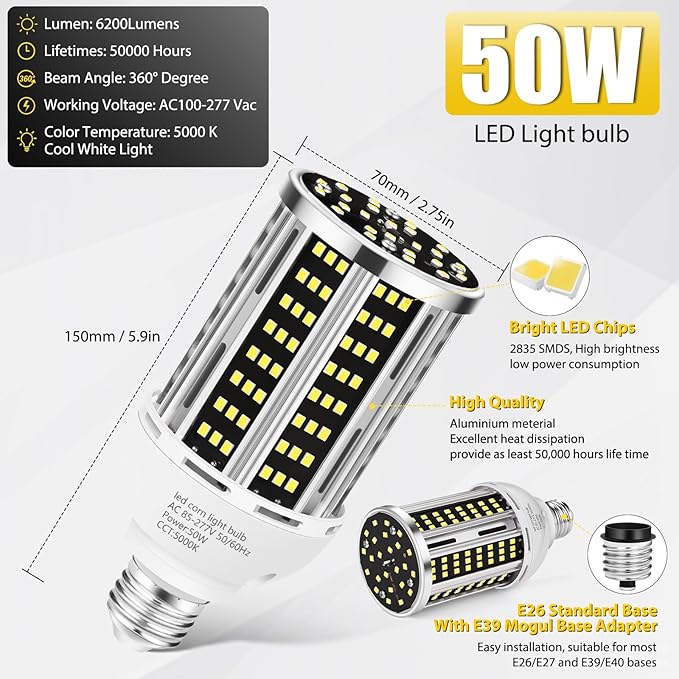 50W 2 Pack LED Corn Light Bulb,5000K Daylight 6500LM(500W Equivalent) Commercial GradeE26/E39 Medium Mogul Base LED Lamp,Large Area Lights for Outdoor Indoor Garage Warehouse Factory Bay Light