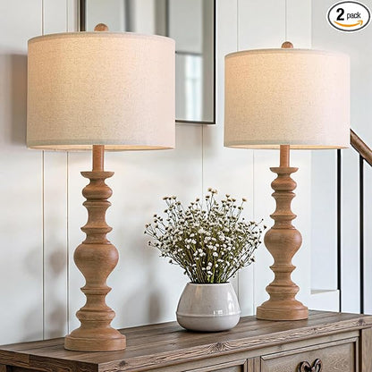 BOBOMOMO 27" Light Brown Table Lamps Set of 2, Large Farmhouse Resin Lamps with Linen Shades, Rustic Vintage Lamps for Living Room, Bedroom, Console Table or Entryway Home Lighting