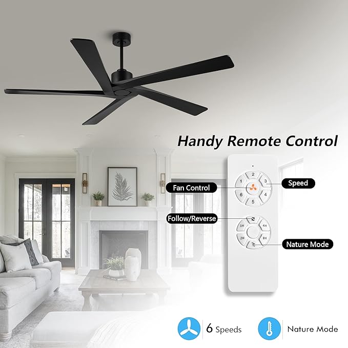 WINGBO 54 Inch DC Ceiling Fan without Lights, 5 Reversible Carved Solid Wood Blades, 6-Speed Noiseless DC Motor, Ceiling Fan No Light with Remote, Indoor Ceiling Fans in Matte Black Finish, ETL Listed