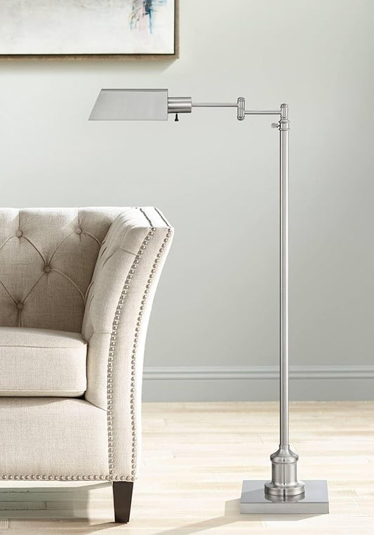 Regency Hill Jenson Traditional Farmhouse Adjustable Pharmacy Light Floor Lamp Swing Arm Standing Base 54" Tall Brushed Nickel Silver Metal for Living Room Reading House Bedroom Home Office