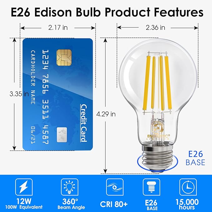 Energetic Dimmable A19 LED Edison Light Bulb, 12W Equivalent 100W, 1600LM High Brightness, 3000K Warm White, Clear Antique LED Filament Bulb for Home, Bathroom, E26 Standard Base, 4-Pack