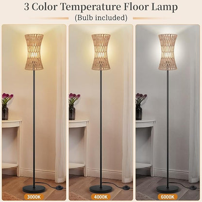 Floor Lamp for Living Room,Farmhouse Floor lamp,Modern Standing lamp with Hand-Worked Rattan Shade (Slim Waist Rattan Shade-3 Color Bulb)