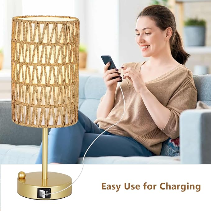 Gold Table Lamp for Bedroom with Bulb, Small Touch Control Table Lamp for Living Room with Rattan & Linen Shade, 3 Way Dimmable Bedside Lamp for Nightstand with USB Charging Port & Phone Stand