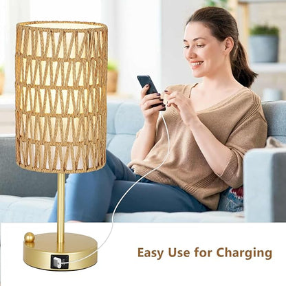 Gold Table Lamp for Bedroom with Bulb, Small Touch Control Table Lamp for Living Room with Rattan & Linen Shade, 3 Way Dimmable Bedside Lamp for Nightstand with USB Charging Port & Phone Stand