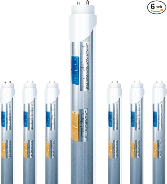 6PK T8 LED Bulbs 4 Foot, Frosted 10W-24W 5 Watt Selectable 6 CCT 3000K-6500K, Type A+B Plug & Play or Ballast Bypass 4ft Fluorescent Tube Light Bulbs Replacement, Single Double-Ended Input