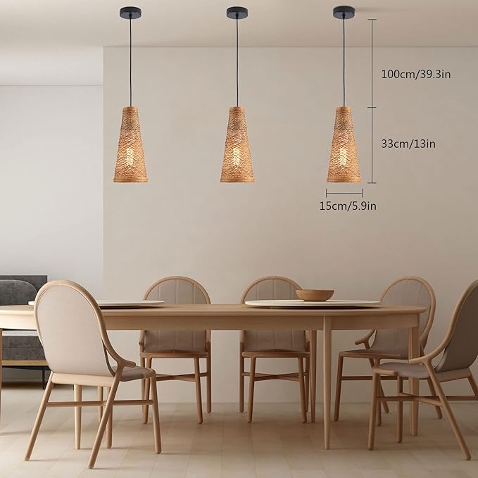 3 Pack Woven Pendant Lights Modern Boho Hanging Lamp Handwoven Woven Rattan Shade Adjustable Height Retro Boho Pendant Lamp for Kitchen Island, Bedroom, Dining Room