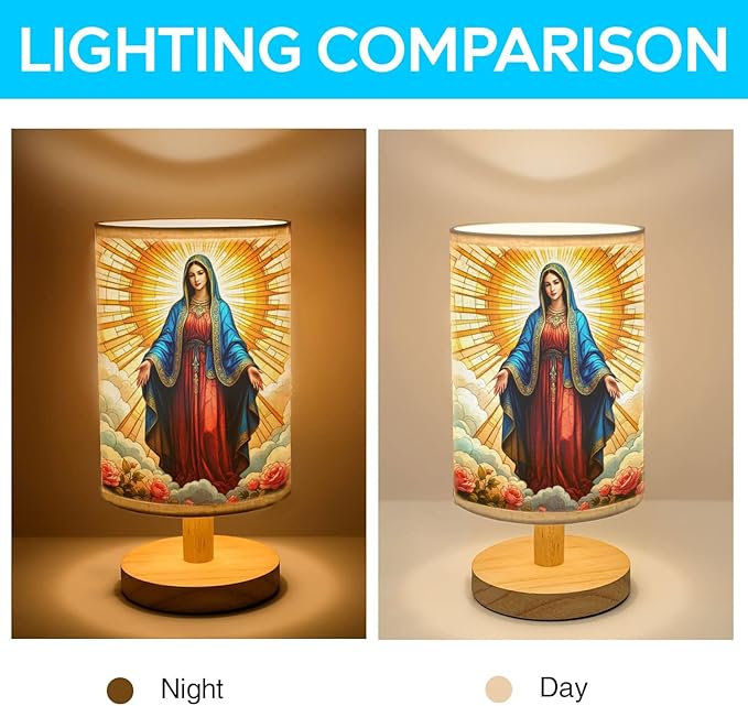 Our Lady of Guadalupe Table Lamp LED 3-Color Pressed Bedside, Our Lady of Guadalupe Shade Lamp with Wood Base for Bedroom Living Room Desk Office TL01