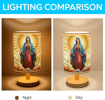 Our Lady of Guadalupe Table Lamp LED 3-Color Pressed Bedside, Our Lady of Guadalupe Shade Lamp with Wood Base for Bedroom Living Room Desk Office TL01