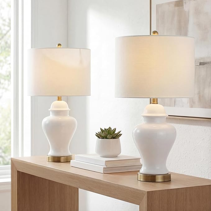 JONATHAN Y JYL6602C-SET2 22" White Classic Ceramic Table Lamp Set of 2 for Living Room, Traditional Ginger Jar Bedside Lamps for Bedroom Nightstand with White Linen Shade, LED Bulbs Included