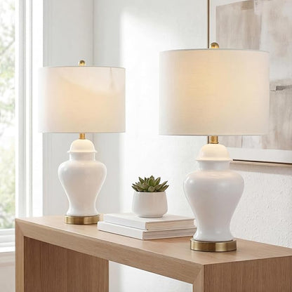 JONATHAN Y JYL6602C-SET2 22" White Classic Ceramic Table Lamp Set of 2 for Living Room, Traditional Ginger Jar Bedside Lamps for Bedroom Nightstand with White Linen Shade, LED Bulbs Included