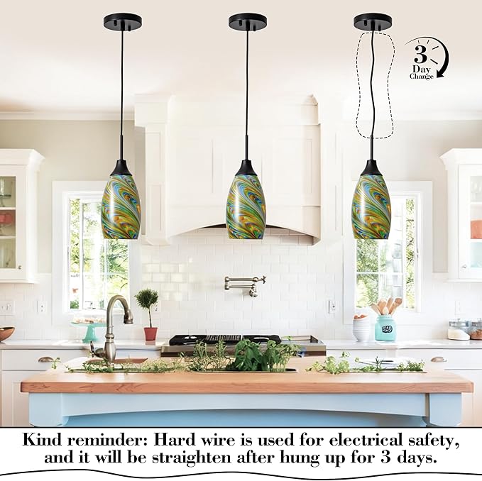 Mini Glass Pendant Light 4.72" Oval Pendant Lights 3-Pack Handblown Colorful Art Glass Hanging Pendant Light for Kitchen Island Dining Room Living Foyer Hallway Entry Matte Black Metal