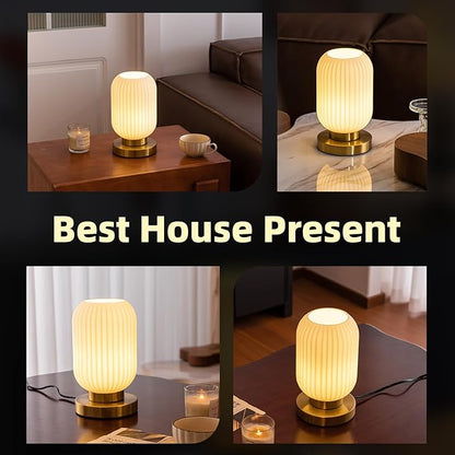 Bedside Table Lamp with Glass Shade, Small Nightlight Lamp Elegant Milky White Glass Nightstand Lamp Modern Desk Lamp with Plug-in Style for Bedroom Living Room Tabletop Dia5.9"x H9.8"