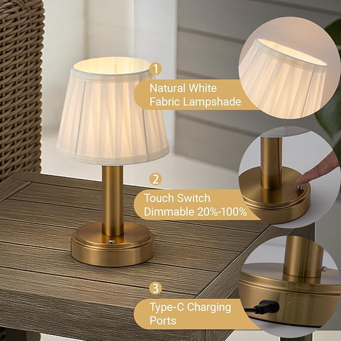 11'' Vintage Antique Brass Type-C Rechargeable Cordless LED Table Lamp Touch Control Mini Desk Lamp with Fabric ShadeDimmable Nightstand Light for Bedroom Living Room Study Room