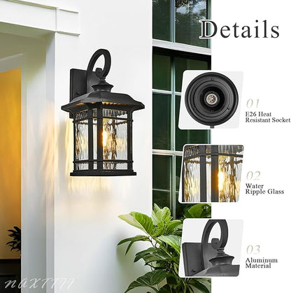 Matte Black Outdoor Wall Lights 16.7 Inch Height Waterproof Outdoor Wall Sconce Exterior Wall Light Fixtures with Water Ripple Glass for Garage Patio Front Door