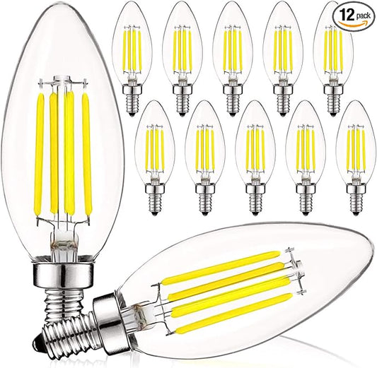LUXRITE Vintage Candelabra LED Bulb 60W Equivalent, 550 Lumens, 5000K Bright White, LED Chandelier Light Bulbs 5W, Dimmable, Torpedo Tip Clear Glass, Filament LED Candle Bulbs, E12 Base (12 Pack)