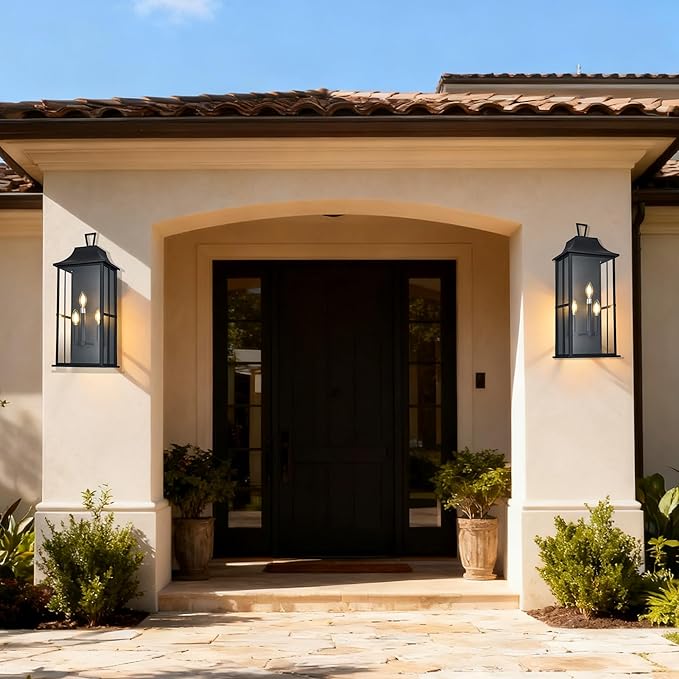 Patio Wall Light Fixture Outdoor Wall Lighting, 25" Large Outside Modern Wall Sconce Lantern, Industrial Porch Light Wall Mount, Waterproof Farmhouse Exterior Lamp 3-Light,Bulbs Not Included