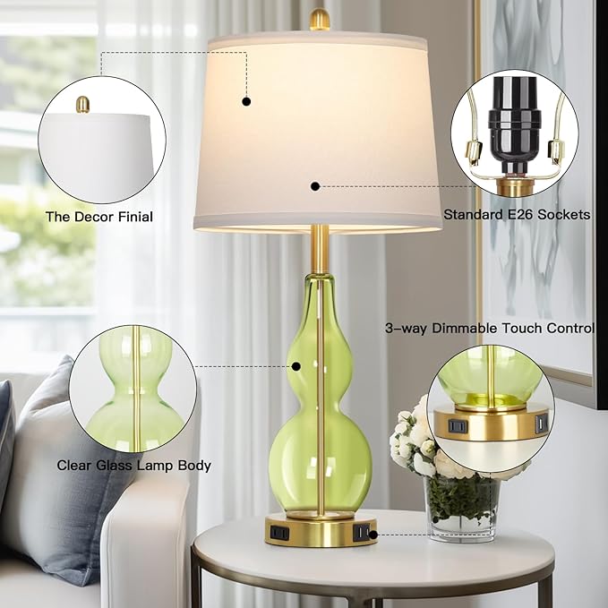 27.5" Green Glass Double Gourd Table Lamp Set of 2,3-Way Dimmable Touch Control Bedside Lamps with USB Ports and AC Outlet, Nautical Nightstand Lamps for Bedroom Living Room