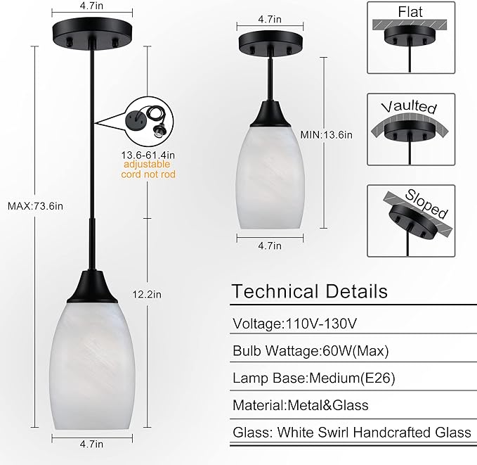Mini Glass Pendant Light,1-Light Handblown White Oval Art Glass Hanging Pendant Light for Kitchen Island,Dining Room,Living,Foyer,Hallway, Entry Matte Black Metal