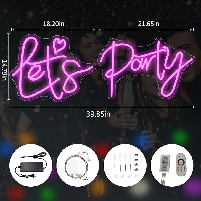 Colorful Super Large Let's Party Neon Sign for Bedroom Wall Super Neon Sign for Wall Decor for Bachelorette Party, Engagement Party, Birthday Party,Wedding Party