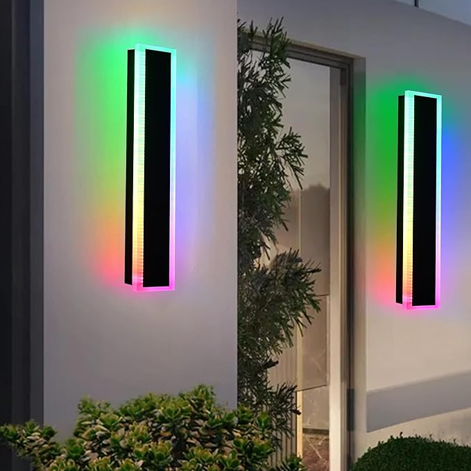 MELUCEE 2 Packs 24in Long Outdoor RGB LED Wall Lights, 5.1in Wide Exterior Wall Light Fixtures Black Dimmable Long Strip Wall Sconce with Remote Control for House Garage Patio Porch, IP65 Waterproof