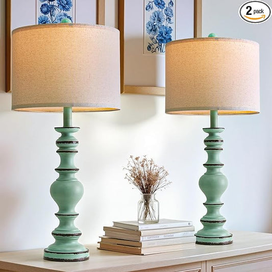 BOBOMOMO 27" Distressed Teal Table Lamps Set of 2, Large Coastal Farmhouse Resin Lamps with Linen Shades, Blue Green Lamps for Living Room, Bedroom, or Console Table Home Décor