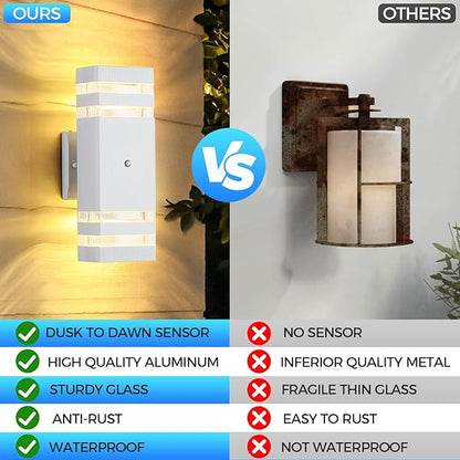 Dusk to Dawn Outdoor Wall Lights Modern Exterior Lighting Fixtures, 2 Pack White Outside Lights for House, Up and Down Porch Lights Outdoor Waterproof Sconces Wall Lighting for Garage Patio