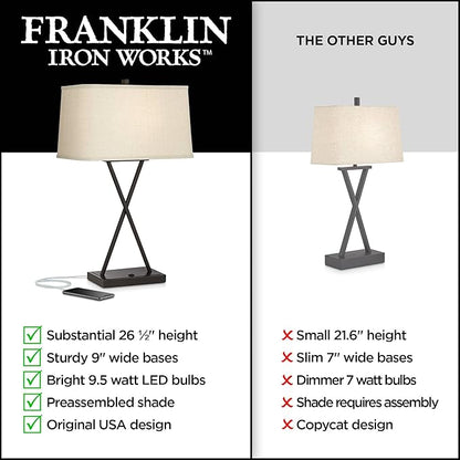Franklin Iron Works Megan Modern Table Lamps 26.5" High Set of 2 with Hotel Style USB Charging Port LED Bronze Metal Rectangular Fabric Shade for Living Room Bedroom House Bedside Nightstand Home
