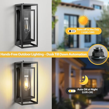 14" Outdoor Wall Lights Fixtures Dusk to Dawn Exterior Lighting Fixtures, Black Outdoor Wall Lantern with E26 Socket, Modern Front Porch Light, Coach Lights for Garage, Porch, Front Door 2Pack