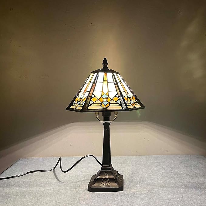 Bieye L10791 Mission Style Table Lamp Tiffany Stained Glass Night Light with Hexagonal Cone Lampshade, 10" W x 16" H
