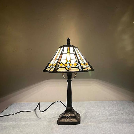 Bieye L10791 Mission Style Table Lamp Tiffany Stained Glass Night Light with Hexagonal Cone Lampshade, 10" W x 16" H
