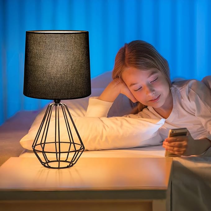 GGOYING Set of 2 Bedside Table Lamp, Black Metal Modern Lamp with Black Fabric Shade, Simple Side Lamp for Living Room,Bedroom,Home,Office Working