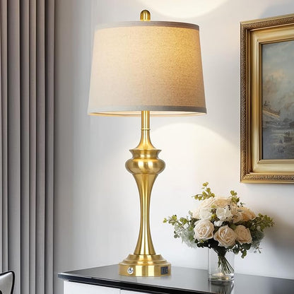 30 Inch Single Table Lamp for Bedside, 3-Way Touch Control Bedroom Table Lamp with USB A+C Ports, Tall Living Room Lamps for End Table, Modern Brass Lamps for Nightstand Desk Office, Gold