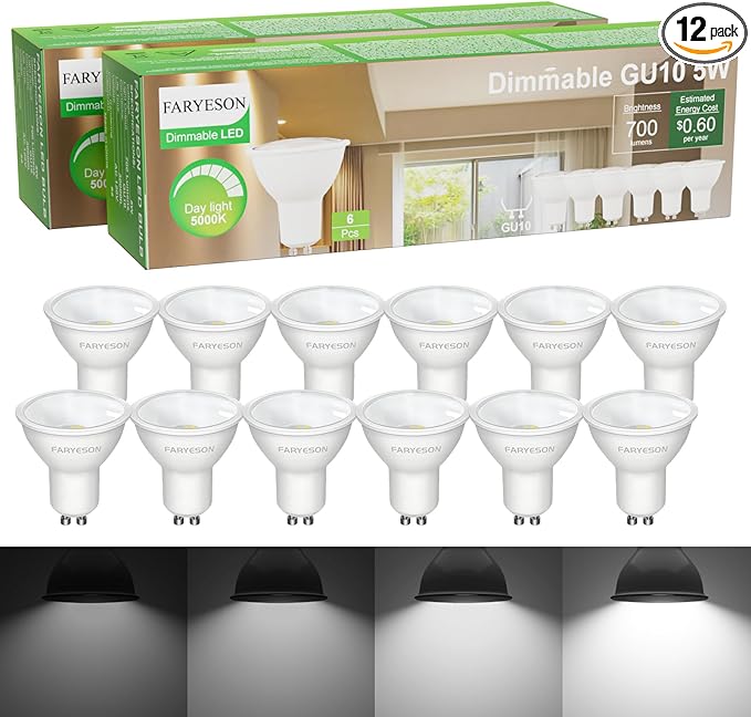 Dimmable GU10 LED Light Bulbs - 5W, Daylight White (5000K), 700 Lumens, Wide 110° Flood Beam, Great for Recessed and Track Lighting in Kitchens, Living Rooms, and Bedrooms, 12-Pack