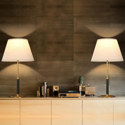 26.4" Set of 2 Modern Living Room Table Lamp for End Tables Bedside Lamps for Bedroom 3-Color Temperatures Pull Chain Switch Lamp Wood Fabric for Home/Office/Desk Decor (Light Brown+Brass)