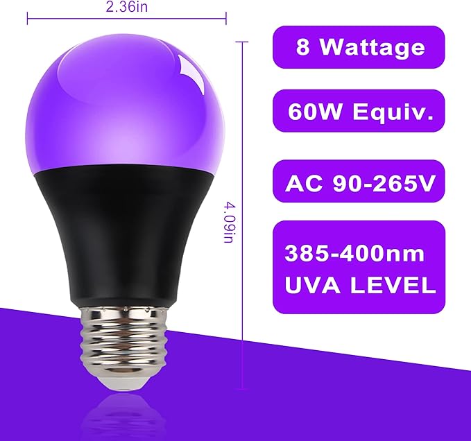 LED Black Light Bulbs - 8W(60Watt Equivalent), Black Light Bulbs with E26 Base, UVA Level 395-400nm, Glow in The Dark for Blacklights Party, Body Paint, Halloween, Neon Glow, 2 Pack