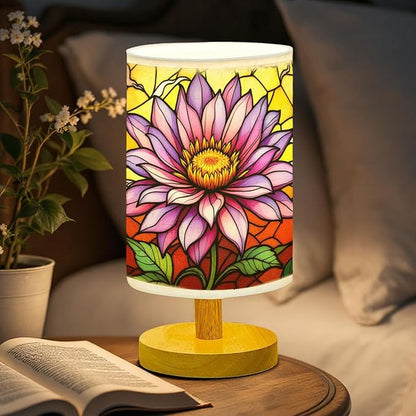 Aster Flower Table Lamp LED 3-Color Pressed Bedside, Aster Flower Shade Lamp with Wood Base for Bedroom Living Room Desk Office TL01