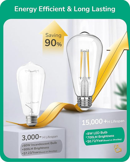 EDISHINE 6 Pack Vintage LED Edison Bulbs 8W Equivalent 60W, ST64 Dimmable Led Light Bulbs, 700LM 4000K Cool White Light E26 Base, Decorative Antique LED Filament Bulbs for Home and Commercial
