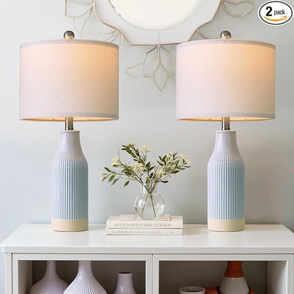 23.75inch Light Blue Modern Ceramic Bedside Lamp Set of 2 for Bedroom Decor Farmhouse Table Lamp for Living Room Office Dorm