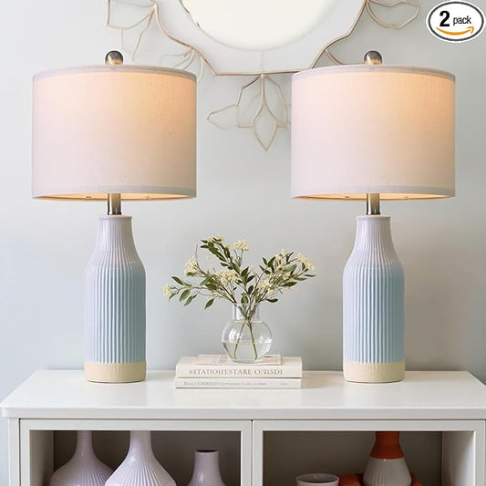 23.75inch Light Blue Modern Ceramic Bedside Lamp Set of 2 for Bedroom Decor Farmhouse Table Lamp for Living Room Office Dorm
