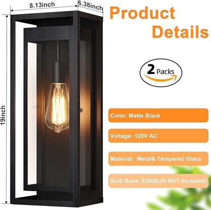 19" Outdoor Wall Lights, 2 Pack Large Size Matte Black Outdoor Sconce Lights with Clear Glass Shade, Waterproof Porch Lighting Exterior Light Fixture for Front Door, Garage