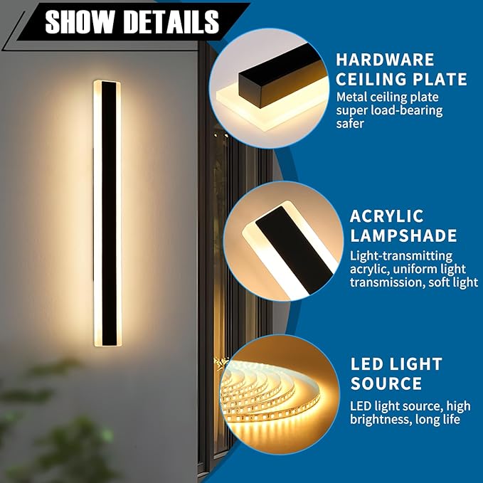 2 Pack Modern Outdoor Wall Light, 39.3in Black LED Wall Sconce, 36W, IP65 Waterproof, 3000K Warm White, Wall Mount Long Linear Exterior Lighting Fixture for House, Garage, Porch, Garden