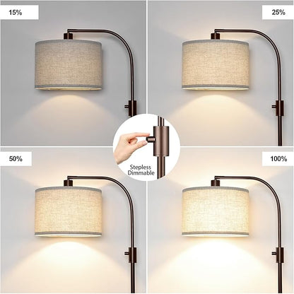 Upgraded Dimmable Floor Lamp, 1200 Lumens LED Bulb Included, Bronw Arc Floor Lamp with Linen Shade for Living Room, Bedroom, Reading Room, Nursery